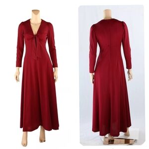 California Look Vintage 70s Burgundy Tie Front Maxi House Dress size M